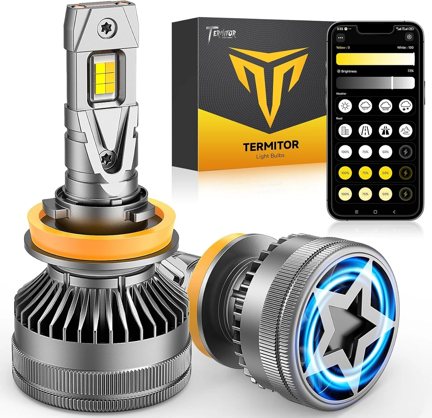 Led Fog Light H11 3000K Yellow - Termitor Smart H11/H8/H9/H16 LED Headlight Bulb,